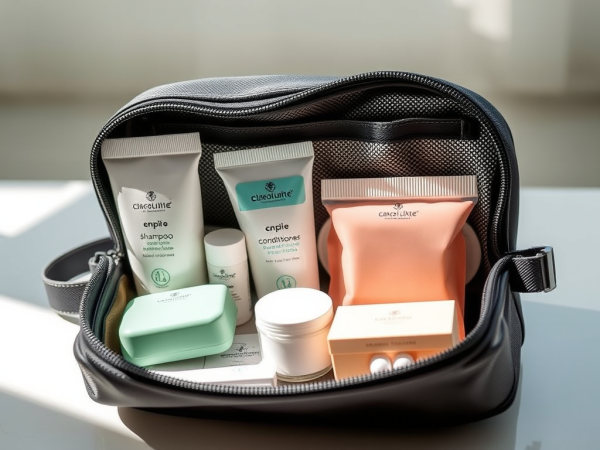 Carry-on toiletry bag with travel-size toiletries for TSA-compliant packing