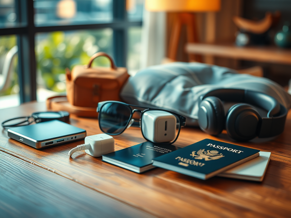 Smart Travel Essentials - Smart Discoveries Smart Travel Essentials. Travel accessories on a desk – must-have gear for trips.