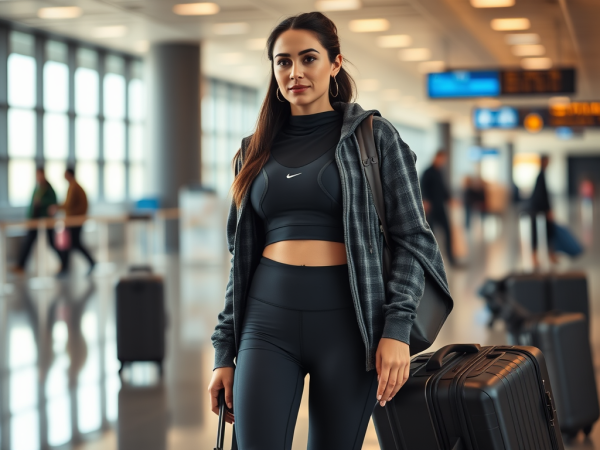 Willit Activewear for Travel - Smart Discoveries Woman wearing comfortable activewear while traveling with luggage