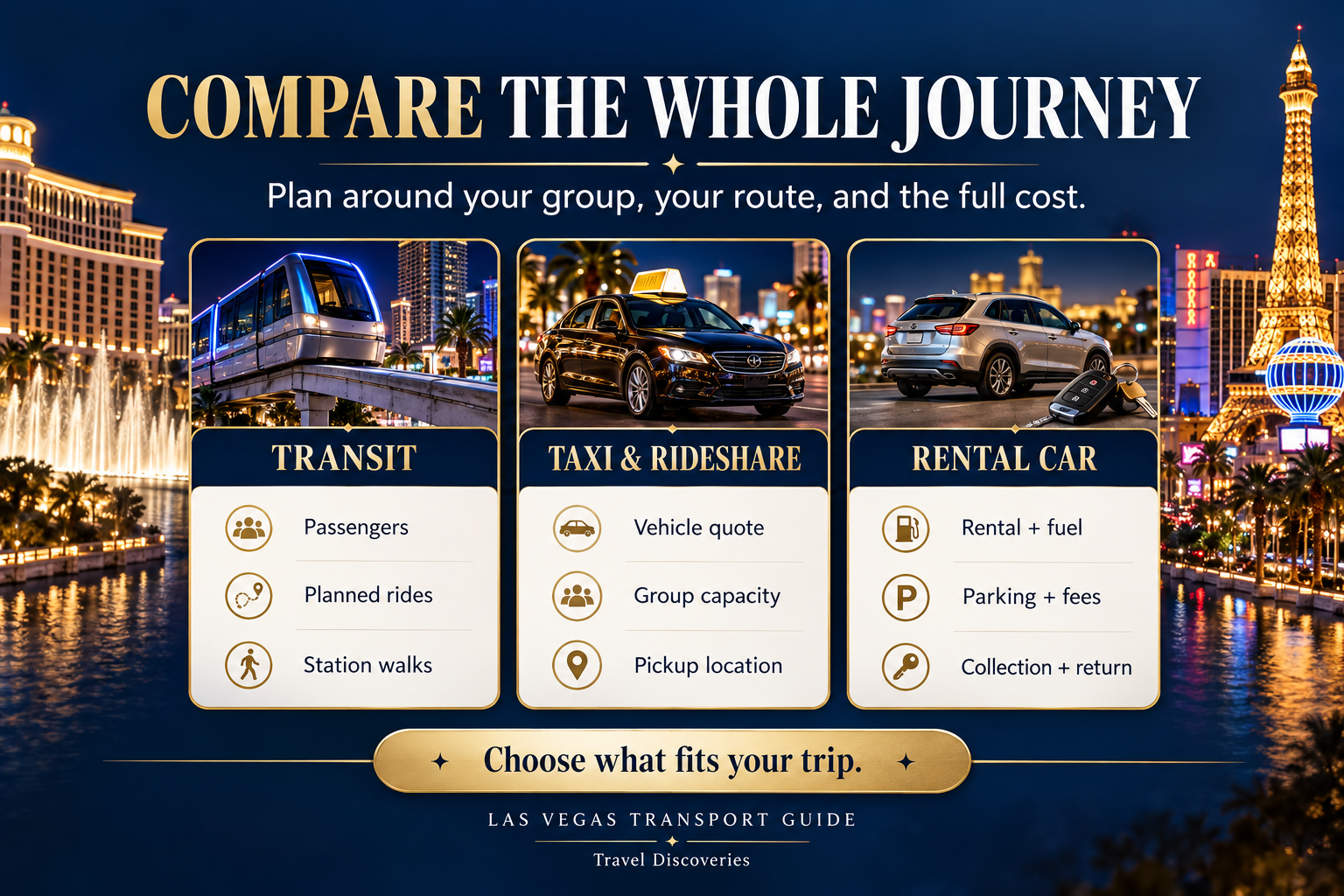 Las Vegas transport comparison covering transit, taxi, rideshare and rental car costs.