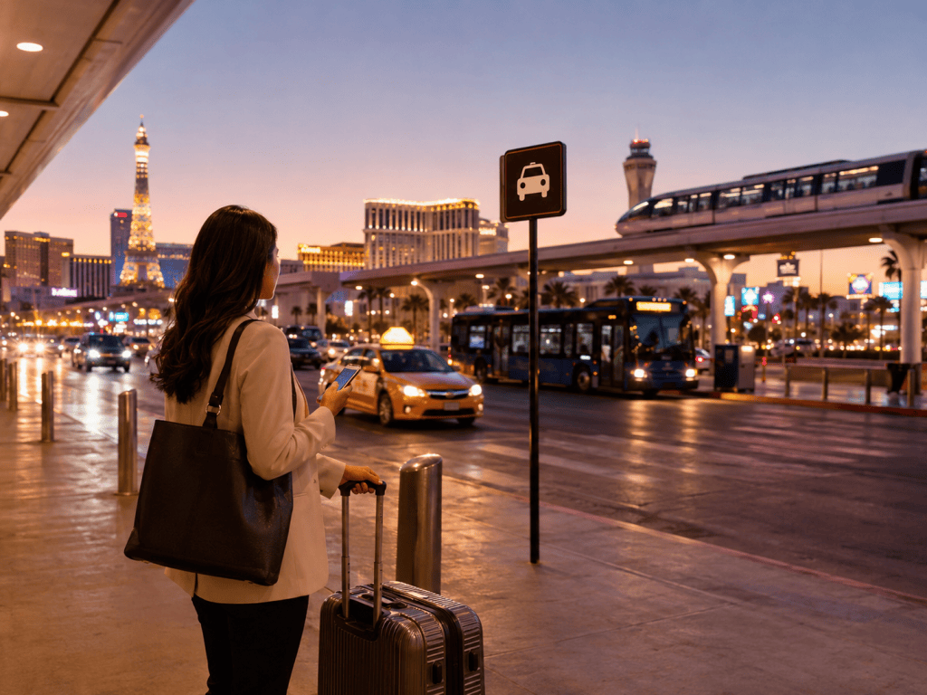 Las Vegas traveler with luggage using transport options near the Strip in 2026