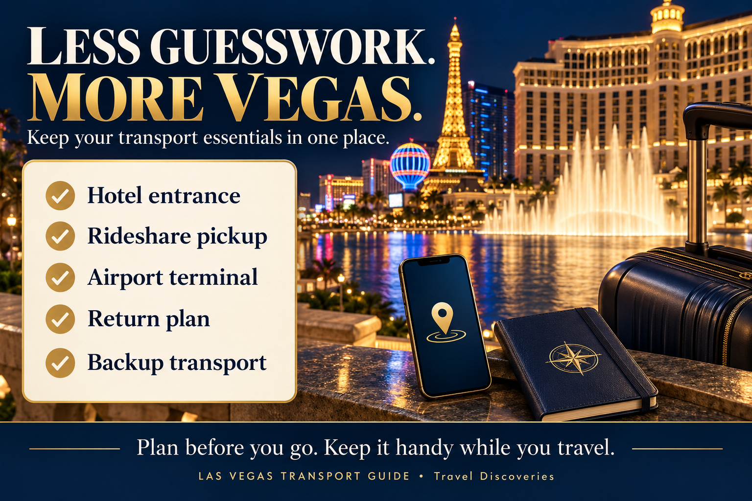 Las Vegas travel checklist for hotel entrance, rideshare pickup, airport terminal and return transport.